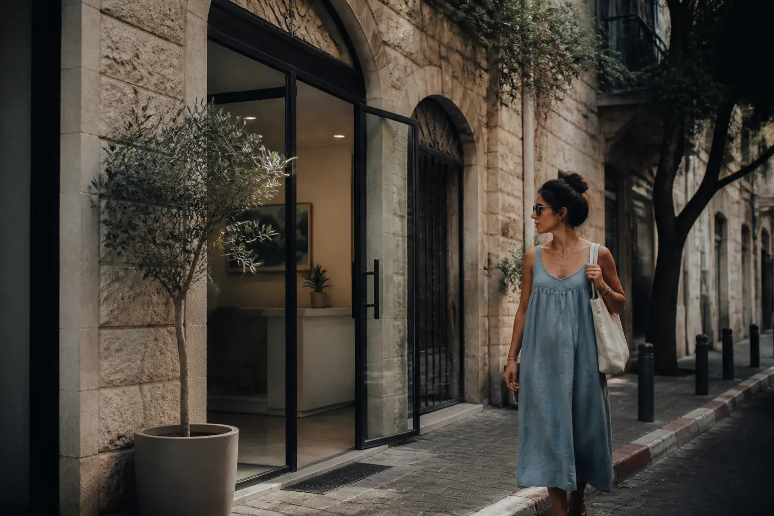 אישה עם שקית קניות הולכת ליד כניסה לקליניקה בקומת קרקע בשכונה בחיפה