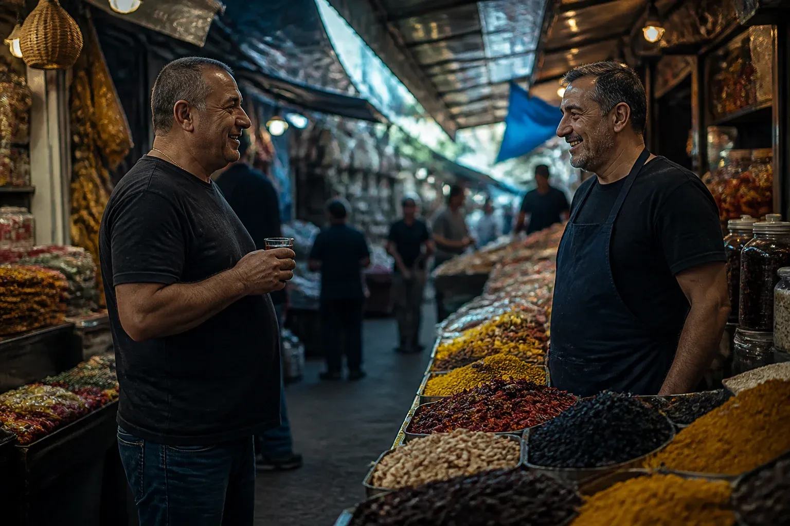 שני בעלי דוכנים משוחחים מעבר לסמטה הצרה בשוק מקורה, אחד מחזיק כוס תה.