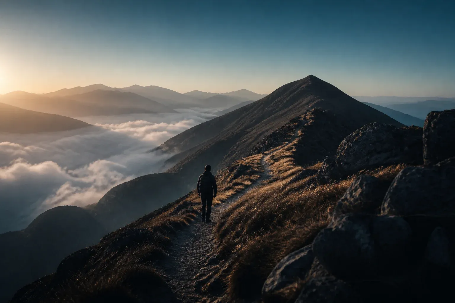 דמות של מטייל על שביל רכס עם שחר ושביל ארוך שעולה אל פסגה רחוקה