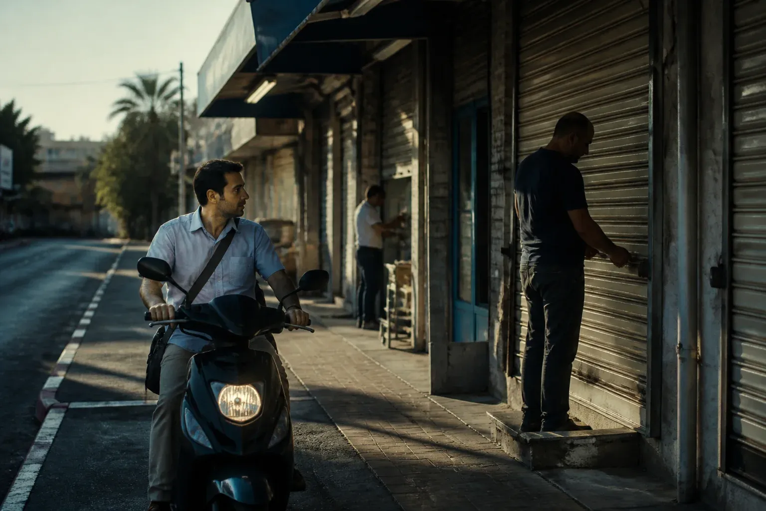 רואה חשבון בחולצה מכופתרת מגיע בקטנוע לשורת חנויות בשכונה בבאר שבע בזמן שפותחים תריסים