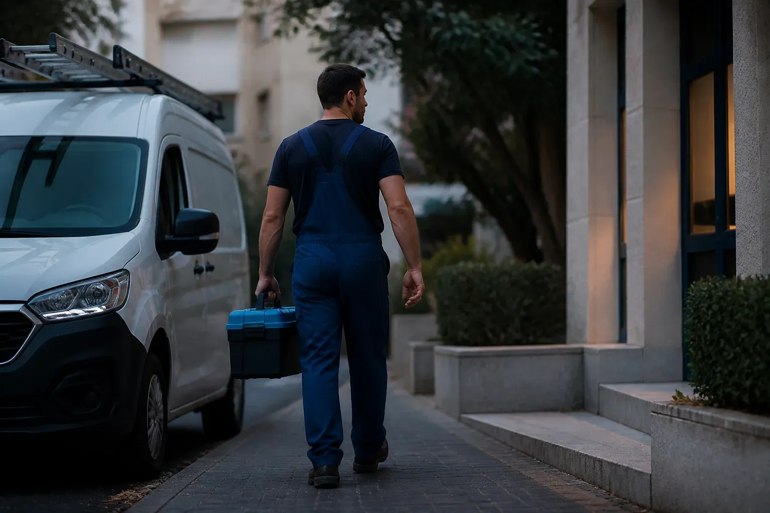 אינסטלטור בסרבל ובידו ארגז כלים הולך מטנדר לבן עם סולם על הגג לכניסה לבניין מגורים בפתח תקווה