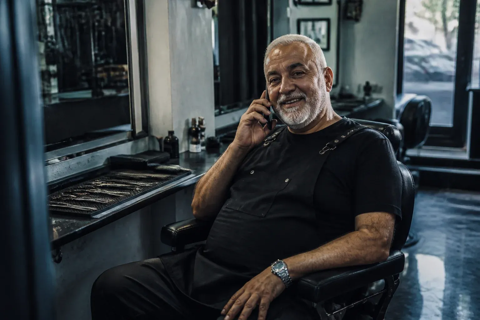 ספר מבוגר יושב בכיסא הספר שלו, מחזיק טלפון ומחייך, בבוקר בחנות ריקה.