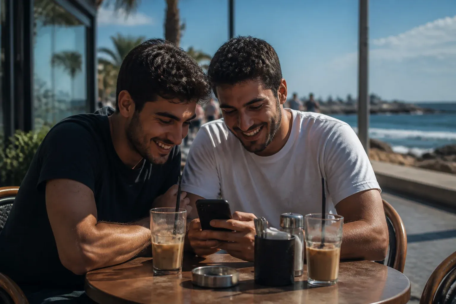 שני חברים יושבים בבית קפה על חוף הים ומתכופפים מעל טלפון אחד.