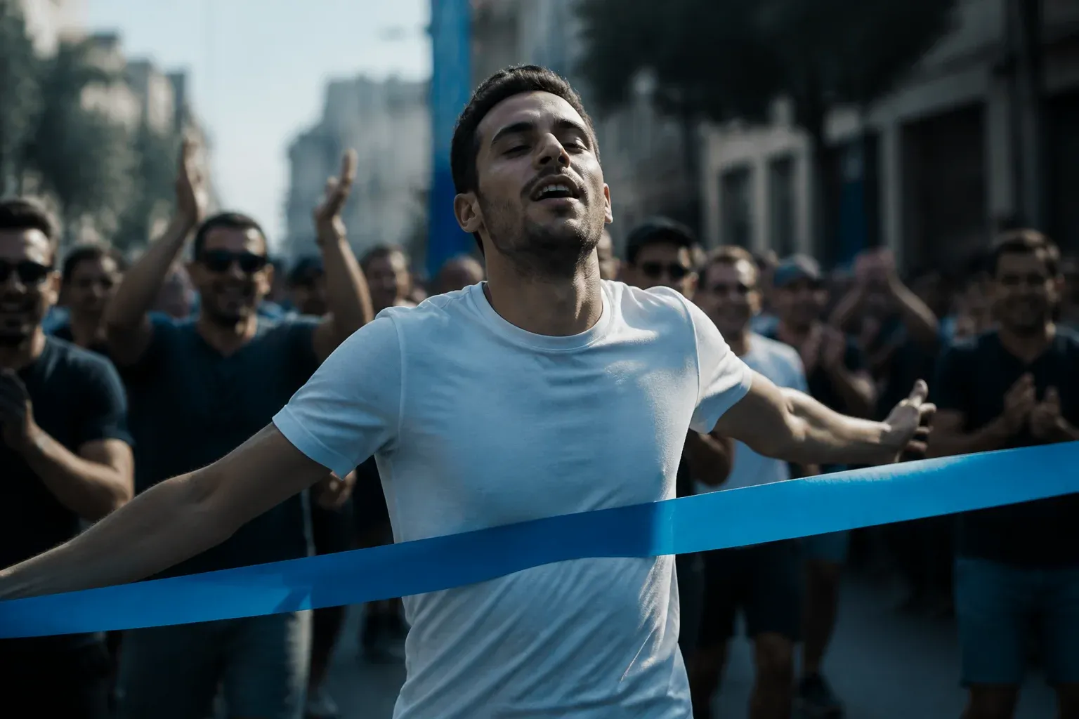 רץ חוצה סרט סיום במרוץ שכונתי קטן, הצופים מטושטשים ברקע