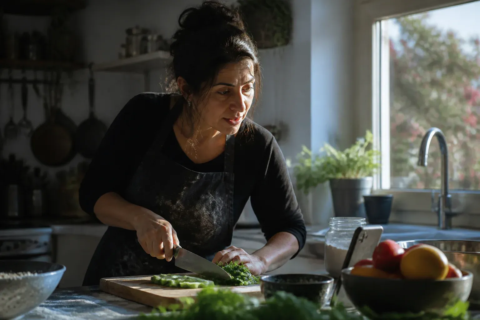 אישה במטבח שואלת שאלה בקול את הטלפון בזמן שהיא חותכת ירקות.