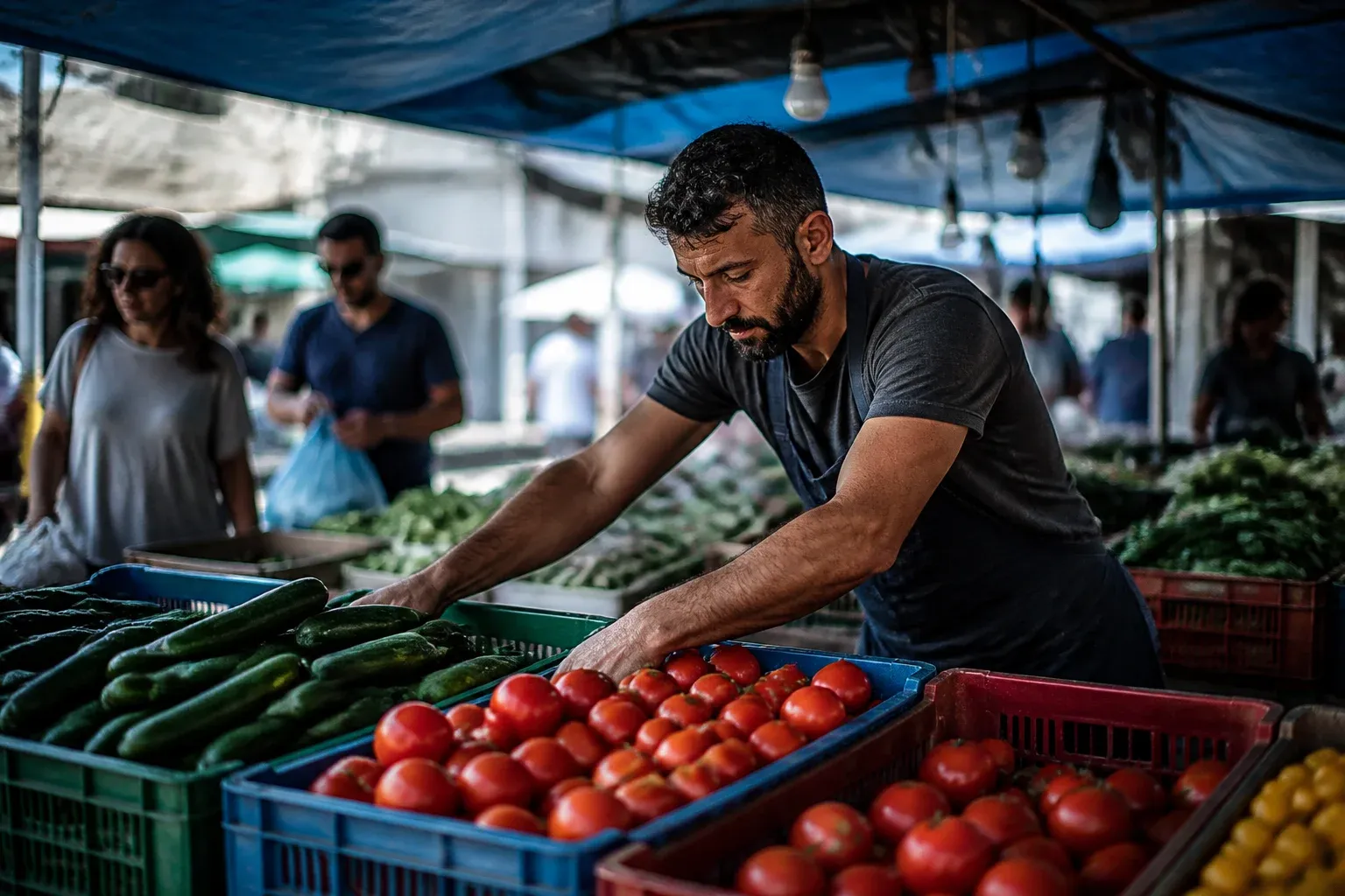 רוכל בשוק מסדר ארגזי עגבניות ומלפפונים תחת סוכך