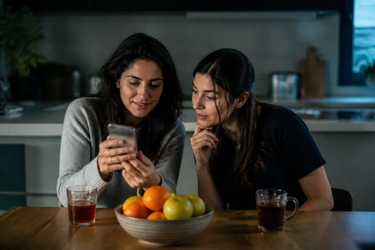 שתי נשים ליד שולחן מטבח, אחת מראה לשנייה משהו בטלפון.