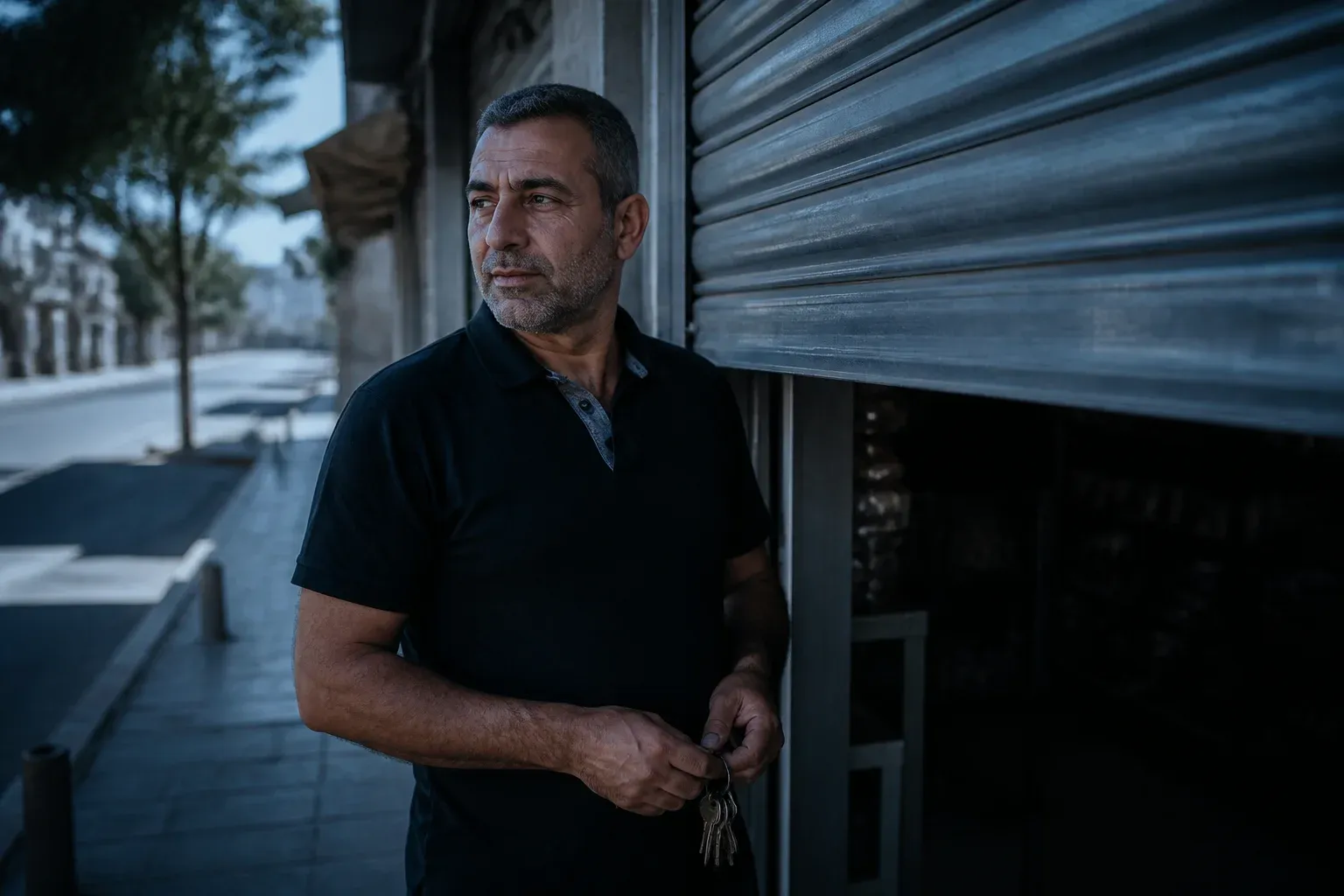 בעל חנות עומד ליד שער גלילה מוגף למחצה ברחוב שקט בבוקר
