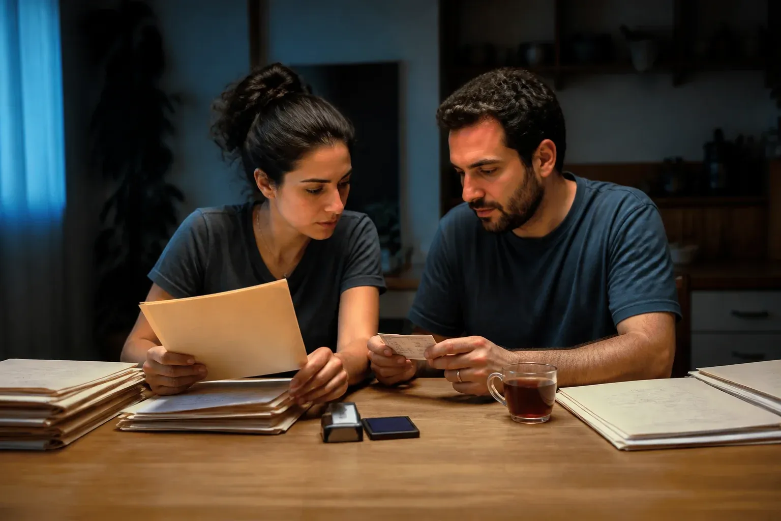 זוג בעלים של סדנה קטנה ממיין ניירות וכרטיס זהות סביב שולחן אוכל