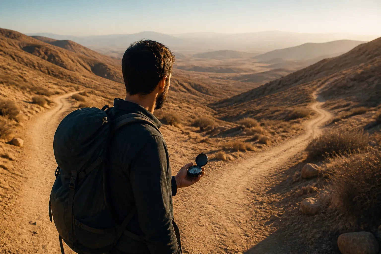 מטייל עוצר בפיצול שבילים על גבעה מדברית ובודק מצפן שבידו