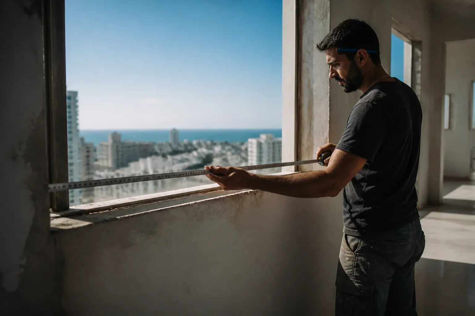 ידיים מותחות סרט מדידה על משקוף חלון בדירה ריקה.