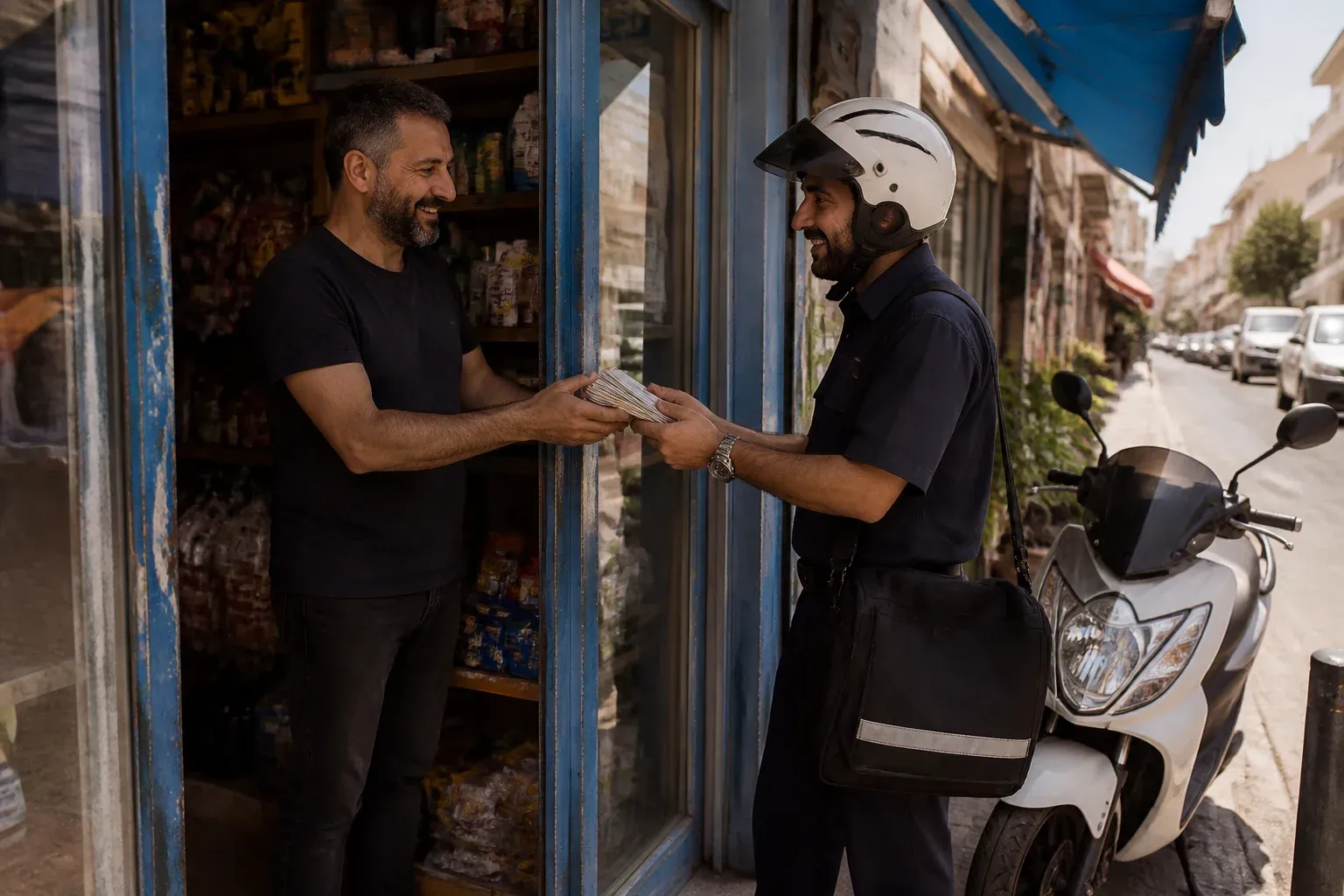 דוור על קטנוע מוסר צרור מכתבים לבעל חנות קטנה בפתח החנות