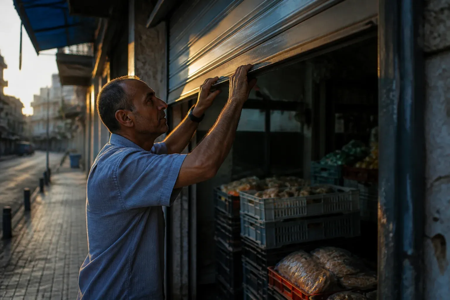 בעל חנות שכונתית מרים את התריס המתכתי בבוקר מוקדם.