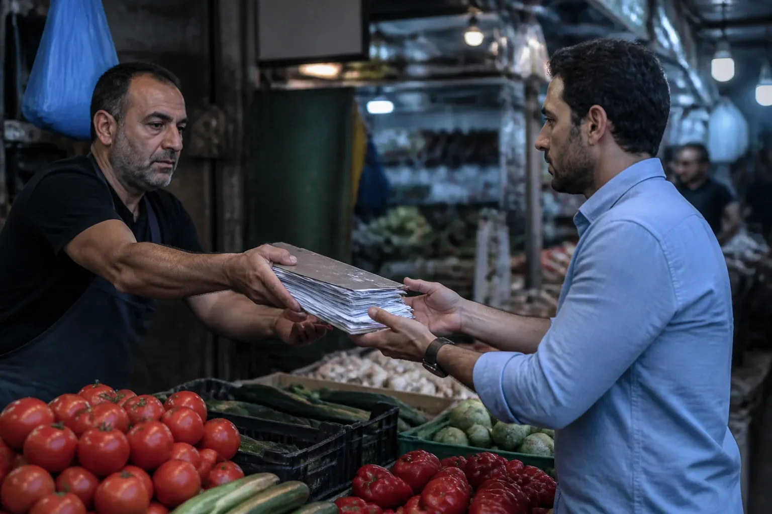 בעל דוכן בשוק מוסר תיקייה של קבלות לרואה חשבון מעבר לדוכן