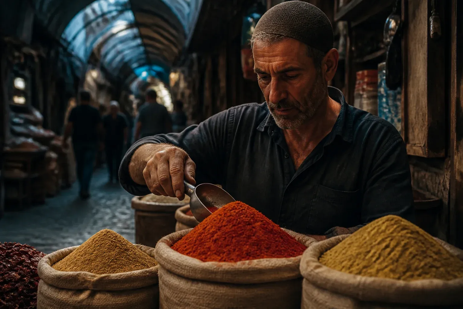דוכן תבלינים בשוק עם שלושה שקים פתוחים של תבלינים צבעוניים