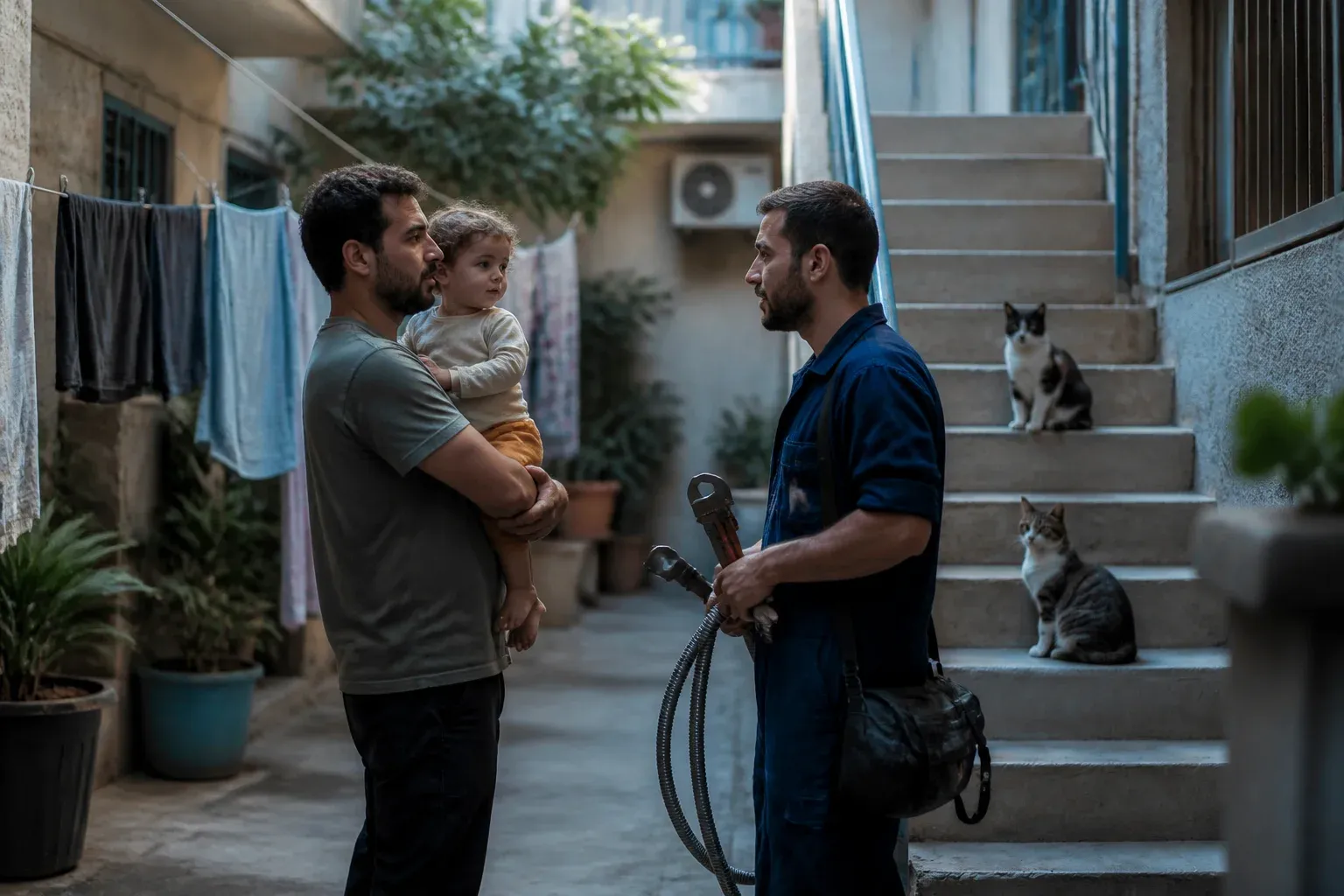 שכנה עם ילד על הידיים משוחחת עם אינסטלטור בחצר בניין עם חבלי כביסה וחתולים