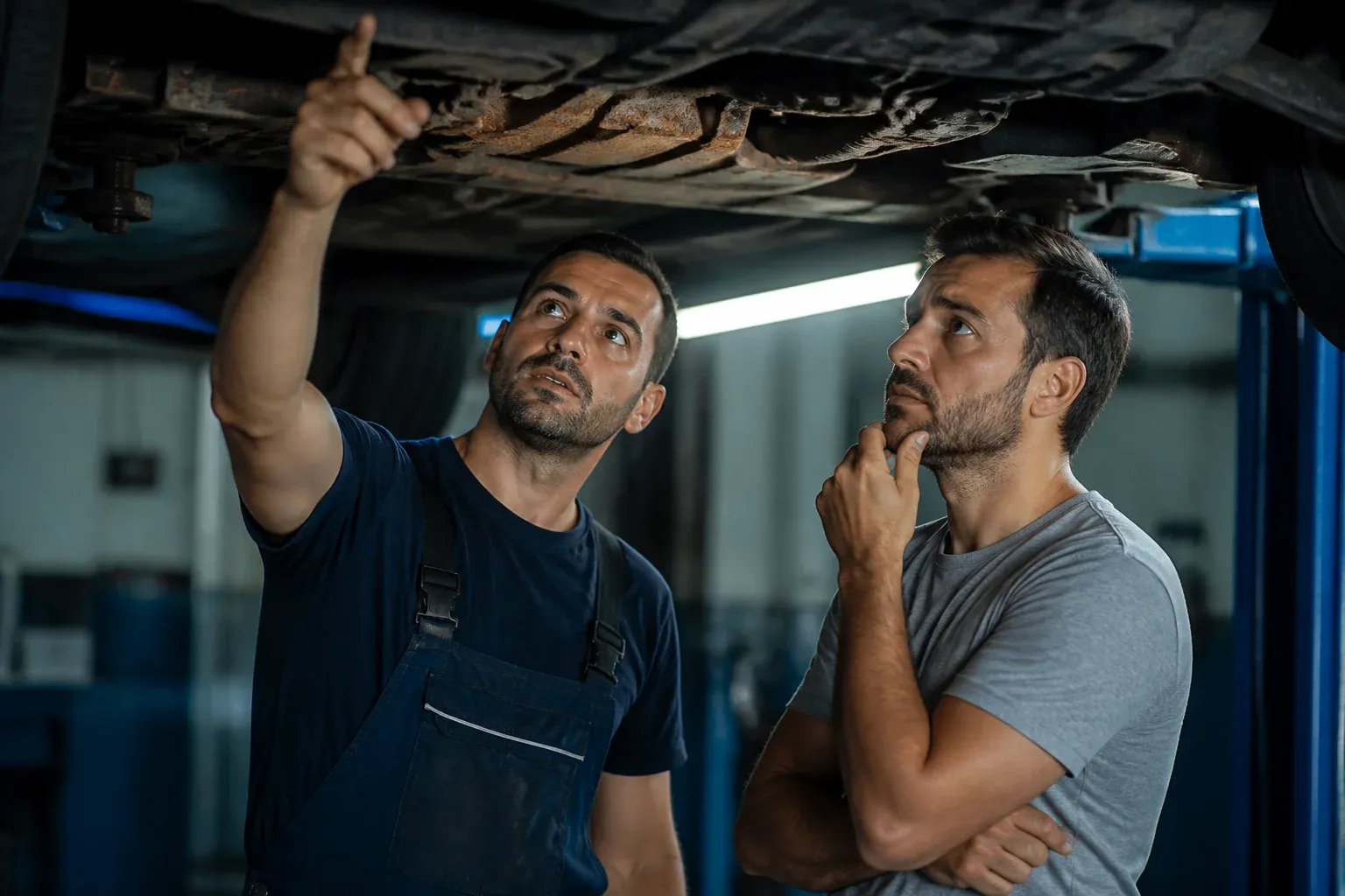 מכונאי במוסך מראה ללקוח מודאג חלק חלוד מתחת לרכב שמורם על במה