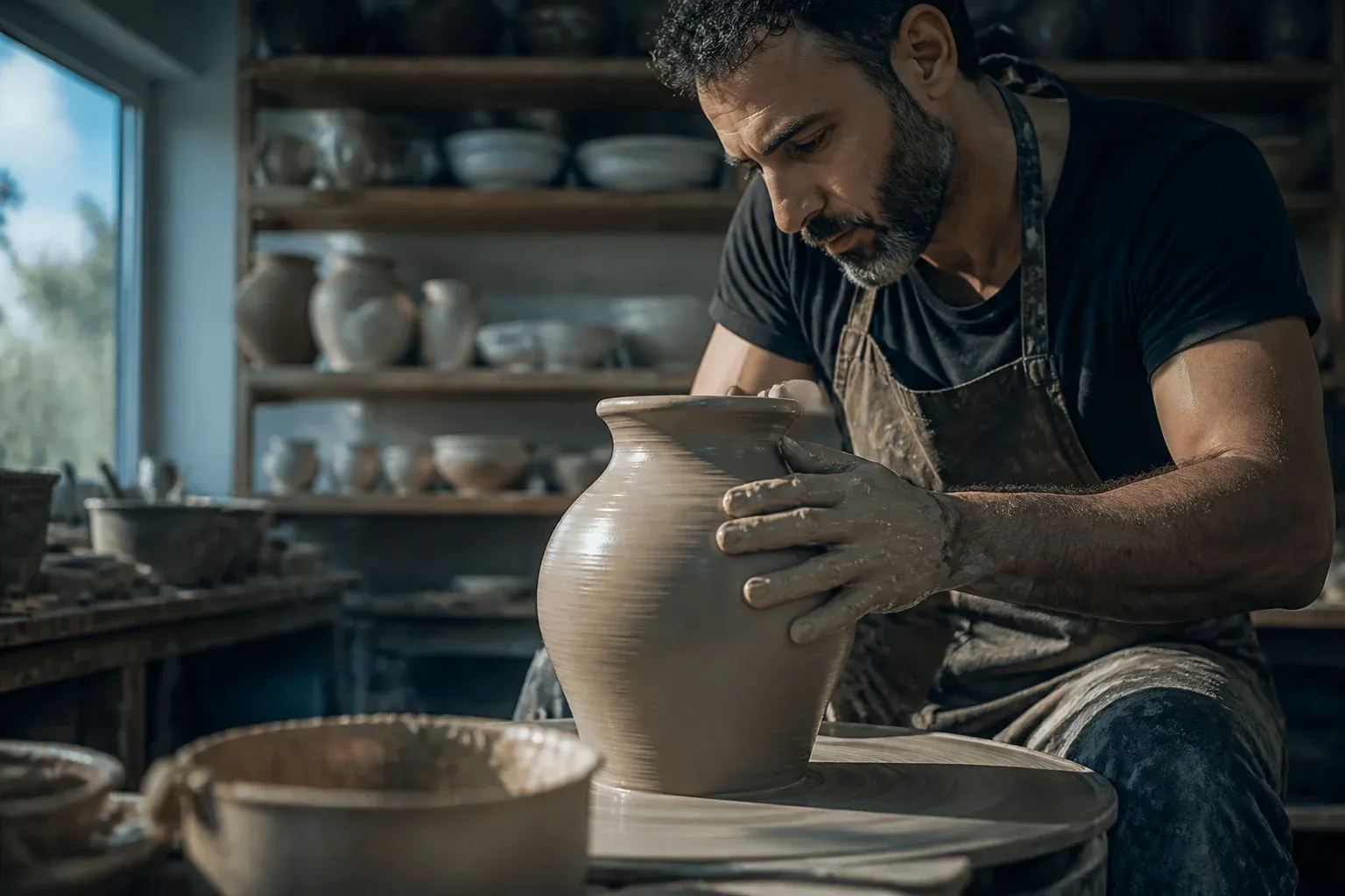 ידיים של קדר מעצבות אגרטל מחימר על גלגל