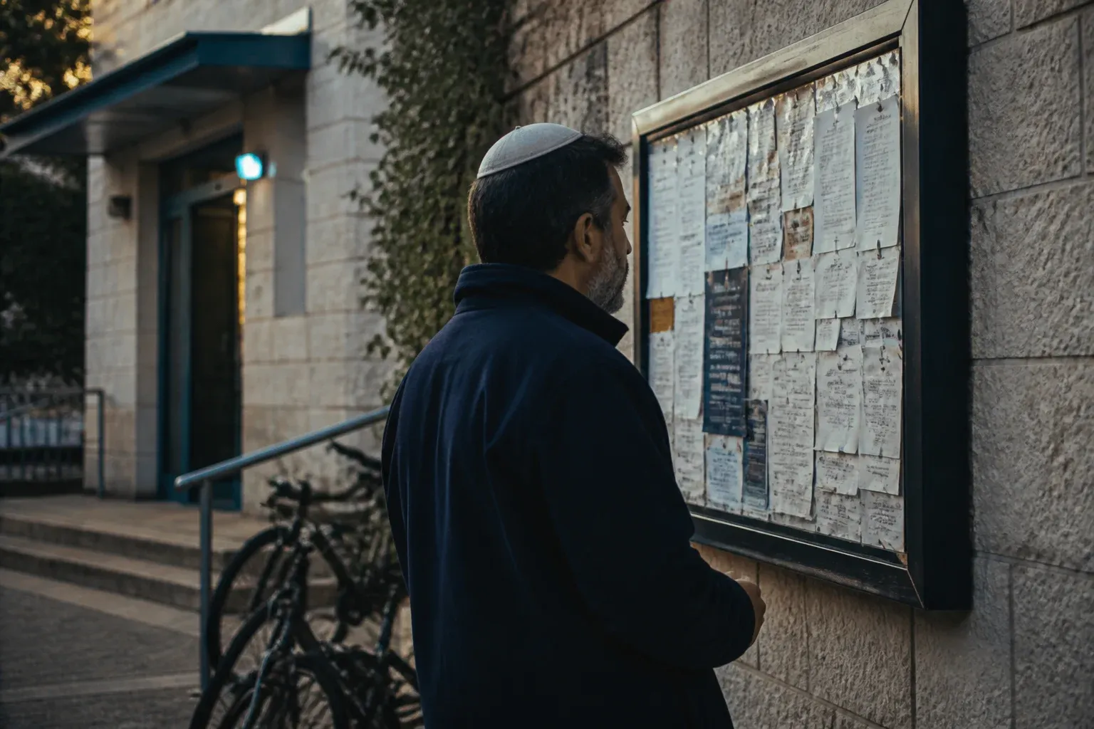תושב קורא לוח מודעות מעוצב בכניסה למרכז קהילתי בשכונה