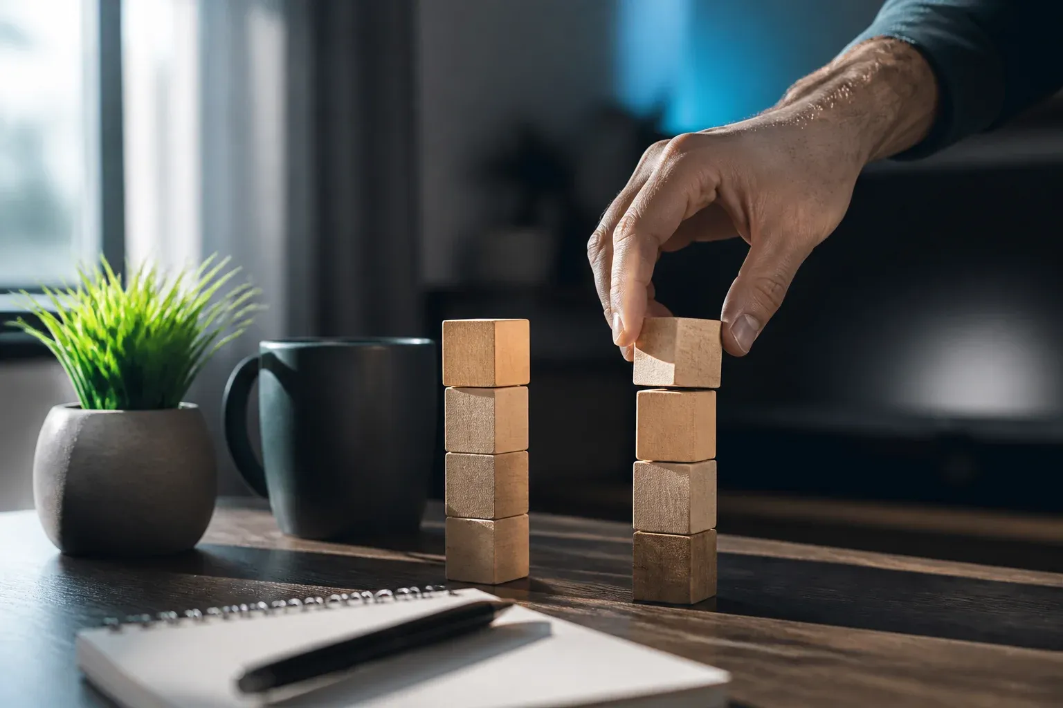 שתי ערימות קוביות עץ קטנות על שולחן עבודה, יד מזיזה אחת, ליד צמח וכוס