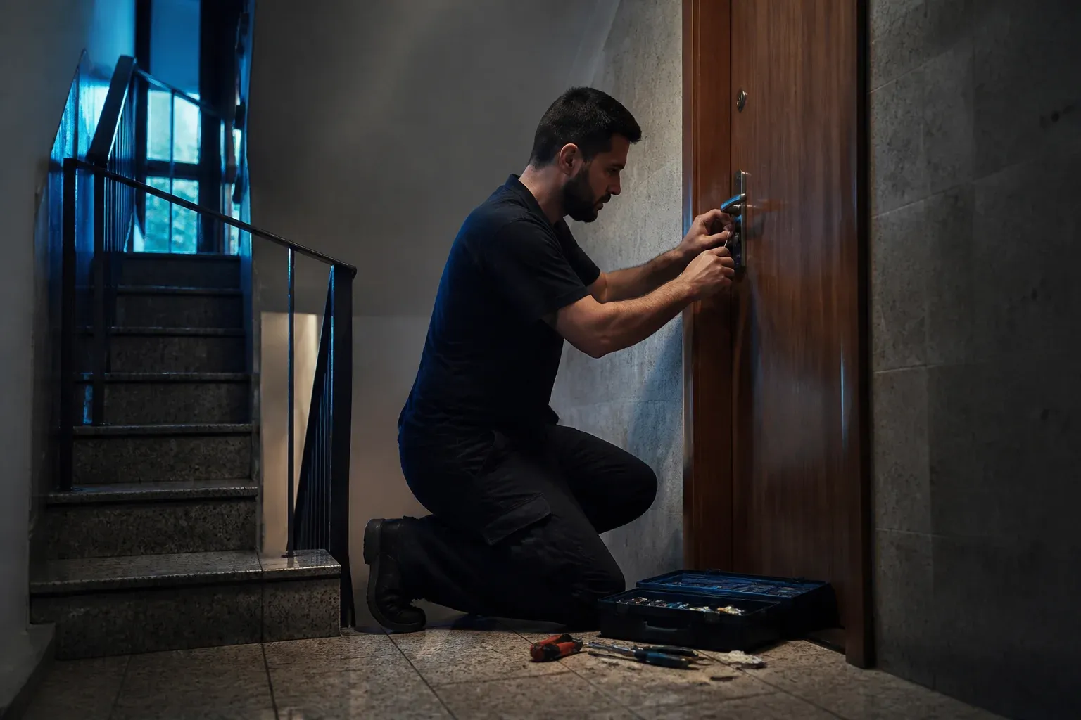 מנעולן מתקין מנעול חדש בדלת כניסה בחדר מדרגות של בניין מגורים