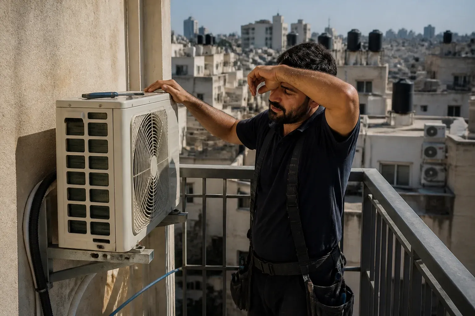 טכנאי מזגנים מתקין יחידה חיצונית במרפסת ביום חם עם קו רקיע של העיר