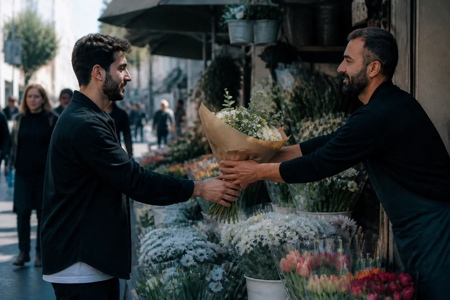 מוכרת פרחים מושיטה זר עטוף לבחור צעיר בדוכן ברחוב