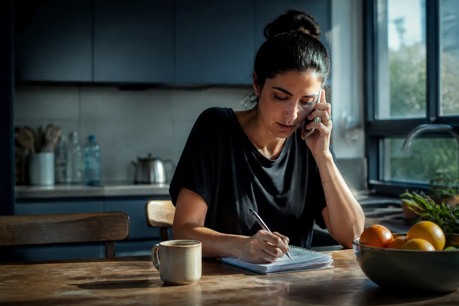 אישה במטבח מדברת בטלפון וכותבת שם במחברת נייר ליד כוס קפה