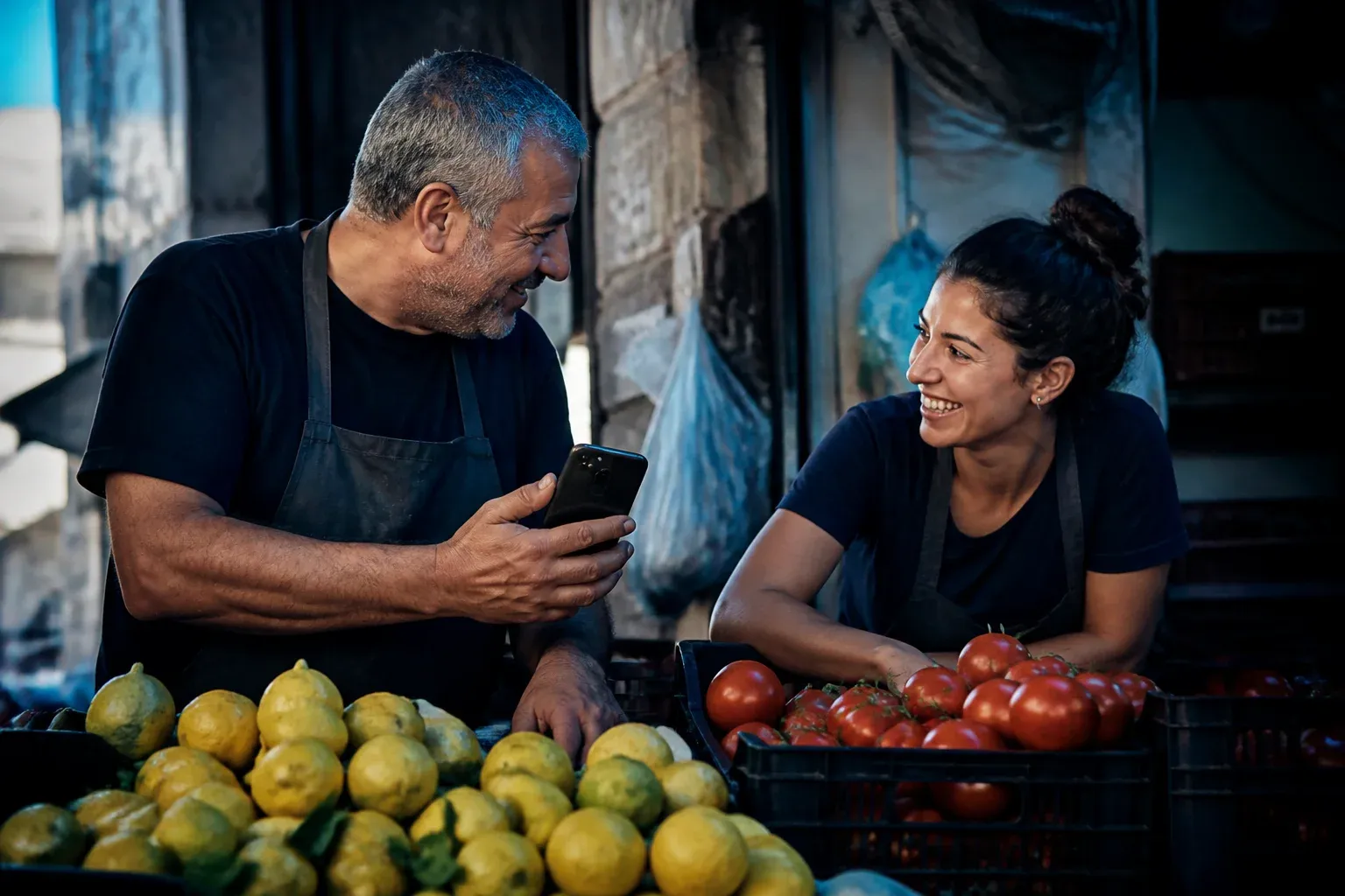 שני בעלי דוכנים בשוק משוחחים בחום מעבר לדוכני פירות