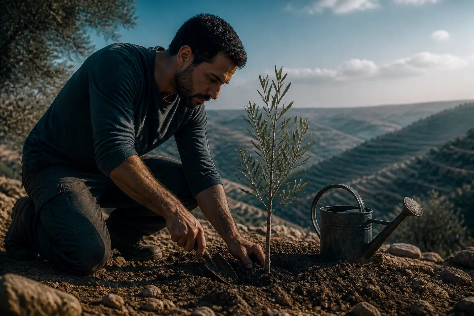 אדם נוטע שתיל זית באדמה יבשה בעזרת מרית קטנה.