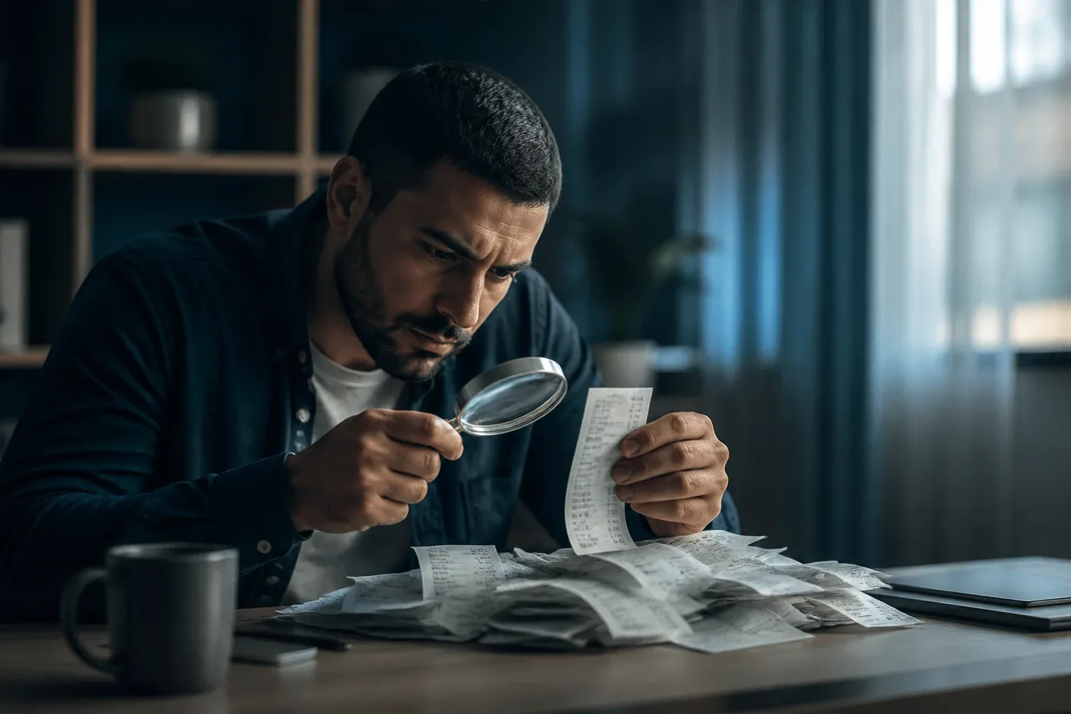 אדם בודק קבלות מנייר עם זכוכית מגדלת ליד שולחן